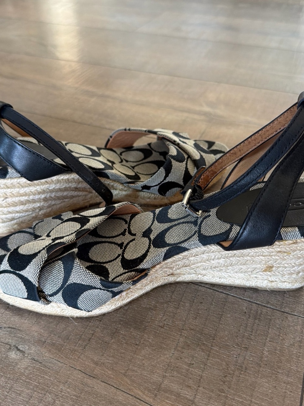 Coach Black & Cream Signature Espadrille Wedge Sandals